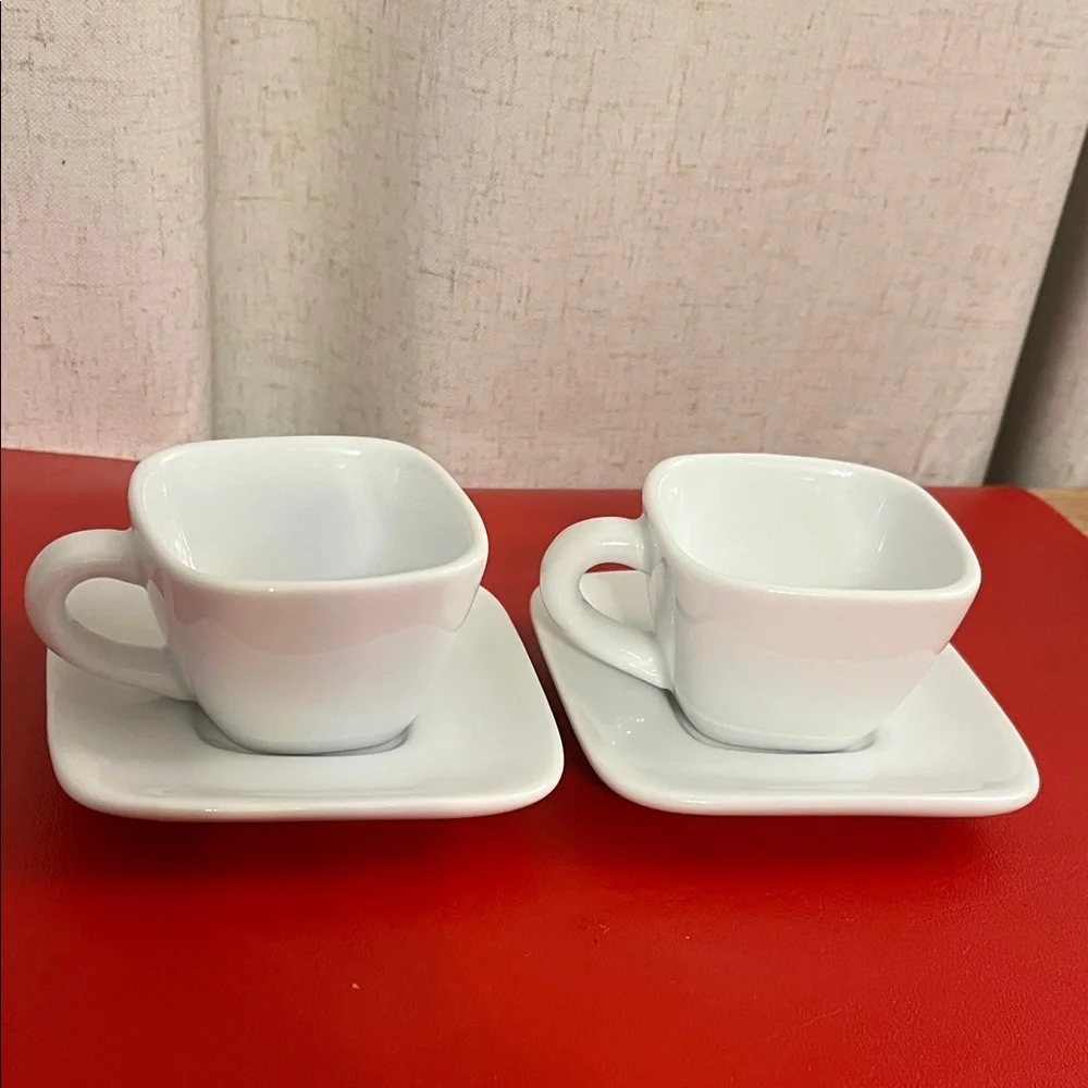 Crate and Barrel Espresso Cups Saucers Set Of 2 Square Bia Cordon Bleu White